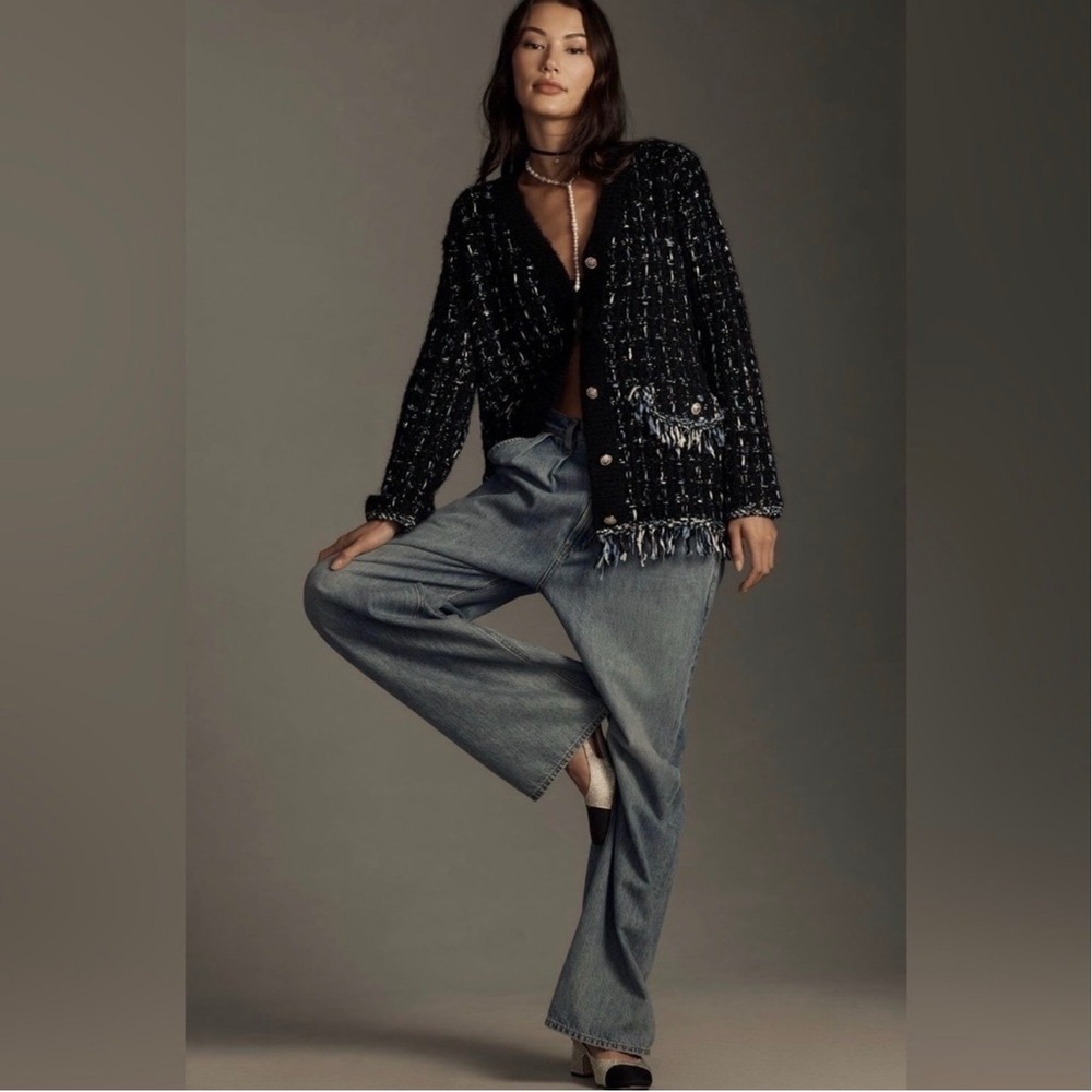 By Anthropologie Tweed Fringe Cardigan Sweater Black Blue Gold Button